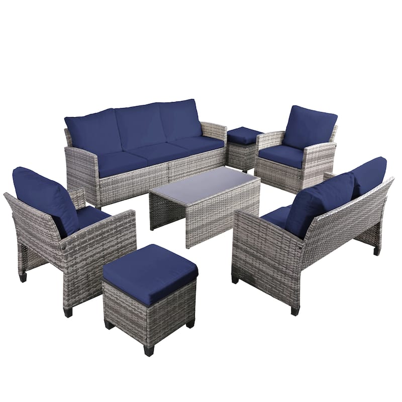 7pcs Wicker Patio Conversation Set Seating Loveseat Sofa with Ottomans - Gray/Blue