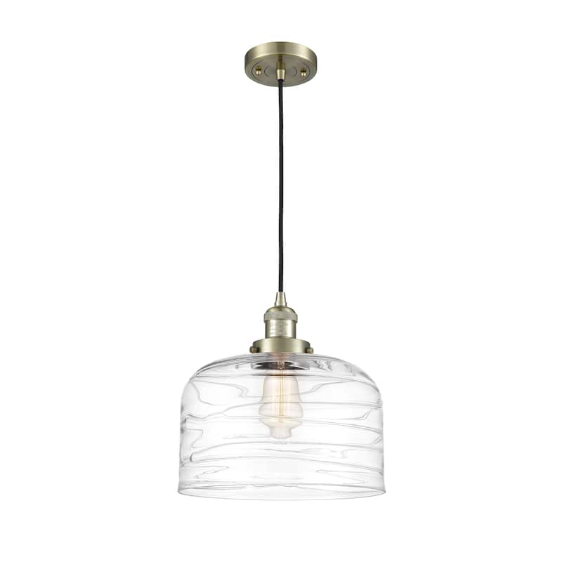 Innovations Lighting Franklin Restoration Bell - 1 Light 12" Cord Hung Mini Pendant - Antique Brass/Clear Deco Swirl