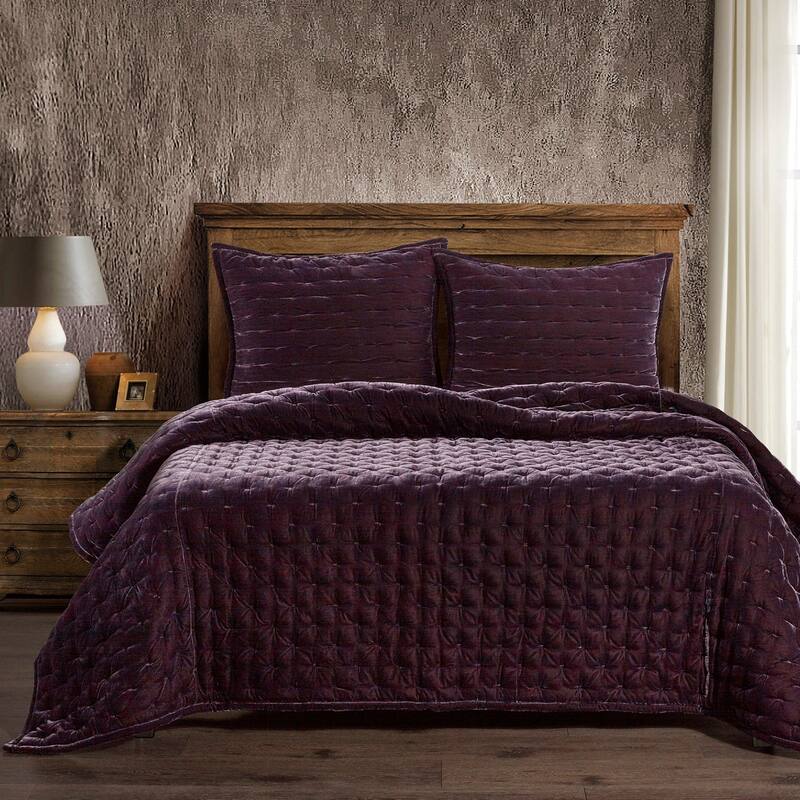 HiEnd Accents Stella Solid Color Faux Silk Velvet Romantic Modern Rustic 3 Piece Quilt Set with Pillow Shams - Dark Violet - King