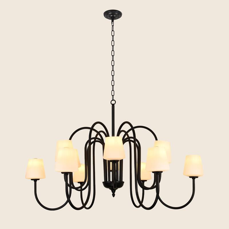12-Lights Vintage Industrial Style Black Iron Chandelier - Matte Black