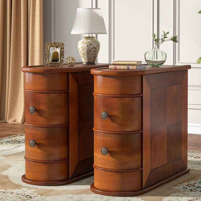 Solid Wood End Table with Storage No Assembly Required - 2PCS - Brown