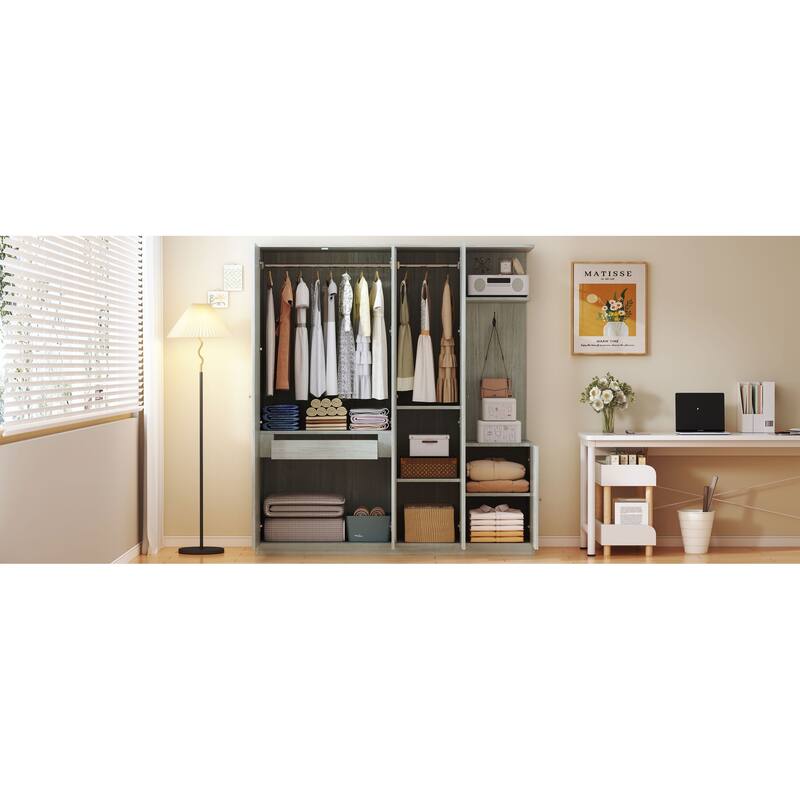 Freestanding Wardrobe with Full-Length Mirror, Shelves & Drawer, 4-Door Armoires Bedroom Storage Cabinet