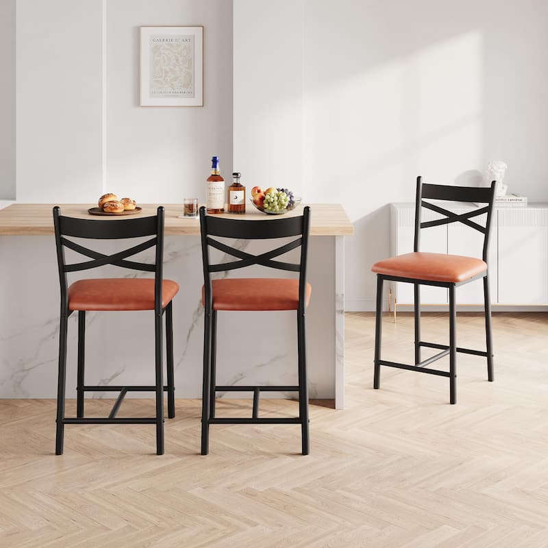 Bar Stools Set of 2, Upholstered Bar Chairs with Back, Thick Cushion, Counter Height Barstools