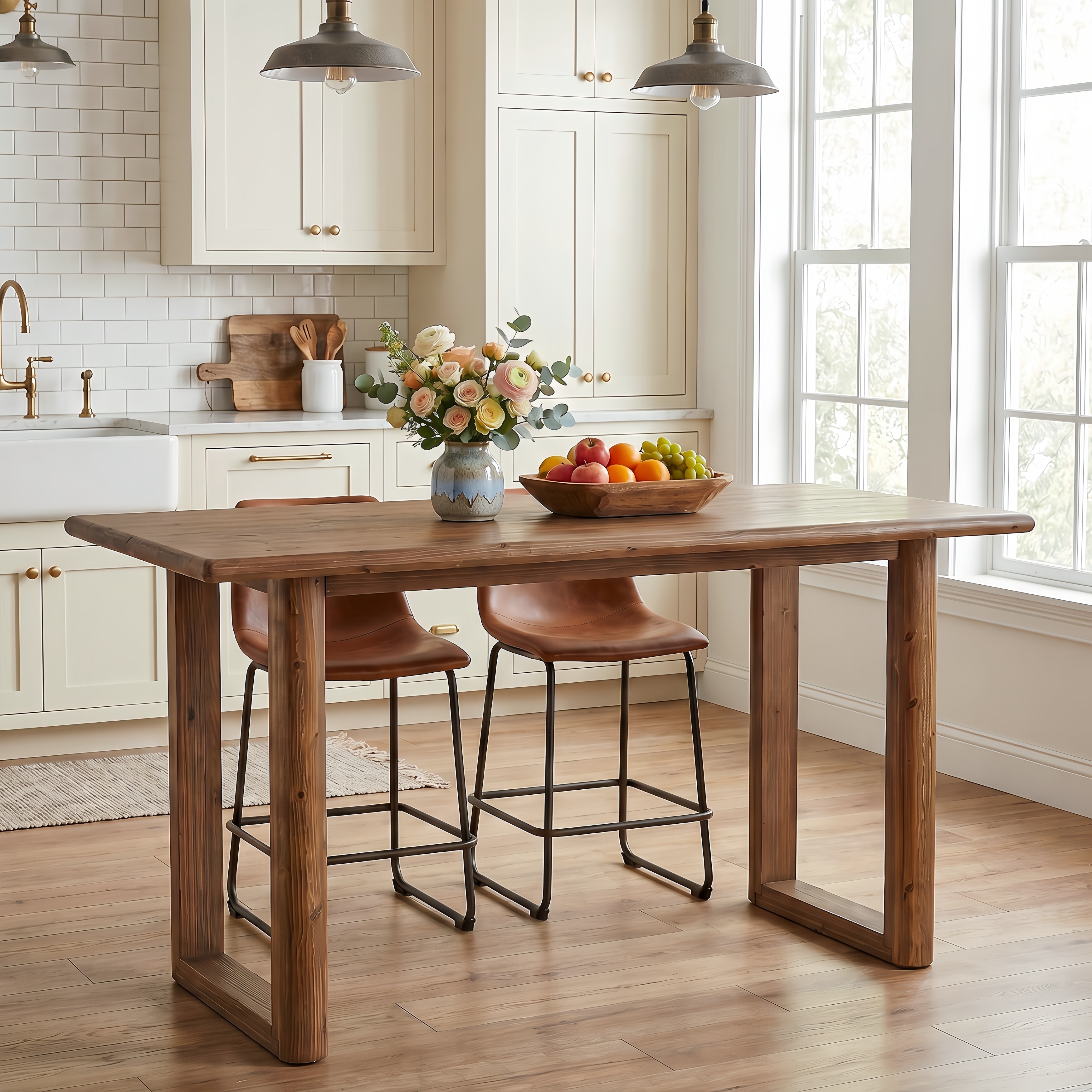 63 Inch Rustic Solid Wood Rectangular Dining Table with U-Shape Legs