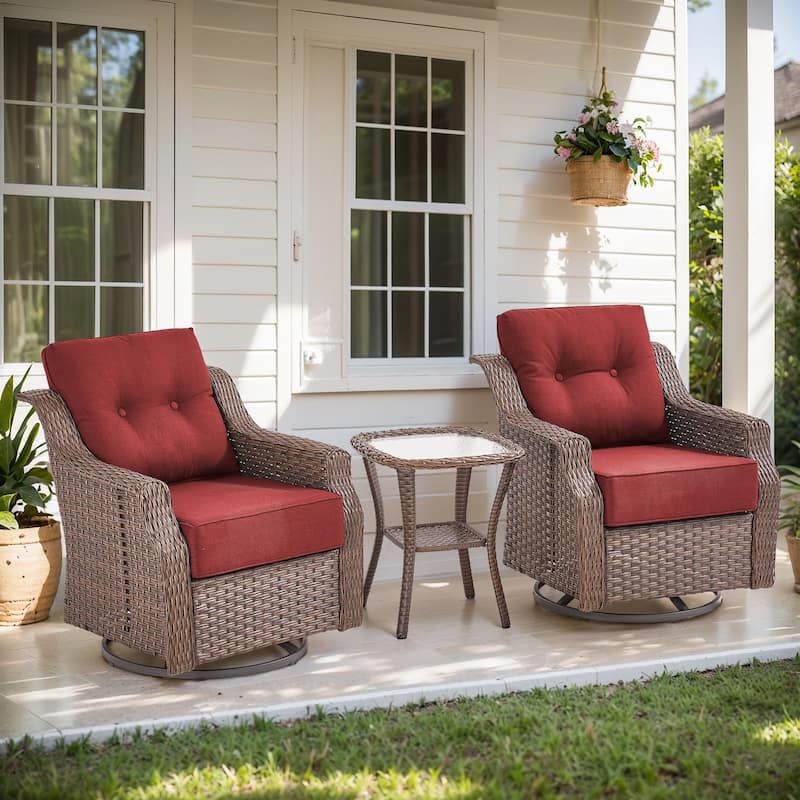 Gymojoy Outdoor Swivel Glider Chair with Side Table - All-Weather Rattan Wicker, 6" Waterproof Olefin Cushions - Grey Wicker / Red Cusion - 3-Piece