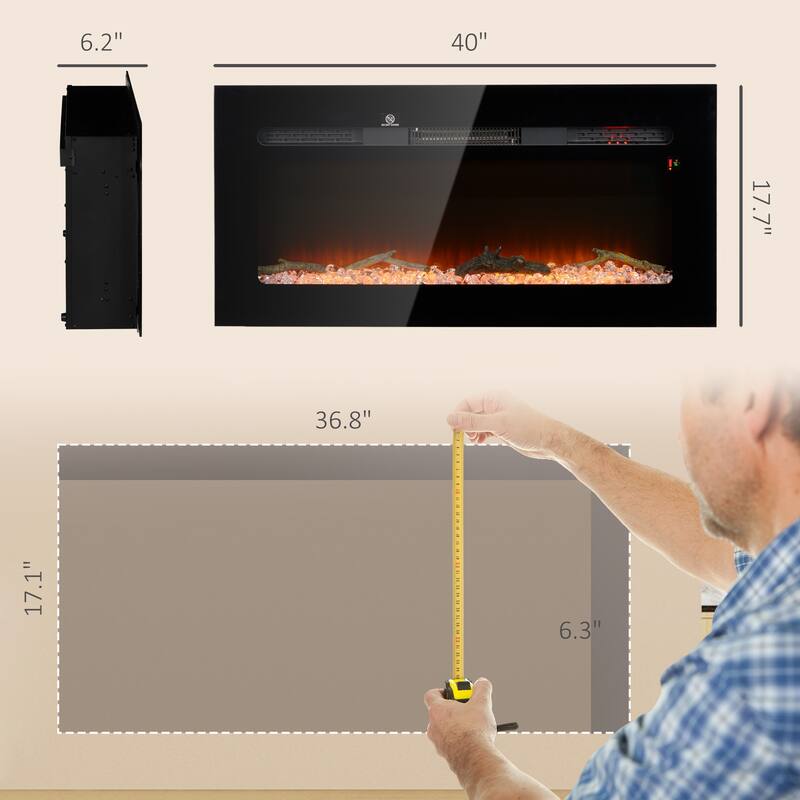 HOMCOM 36" Electric Fireplace Recessed and Wall Mounted with Remote Control, 1500W Fireplace Heater with 8H Timer