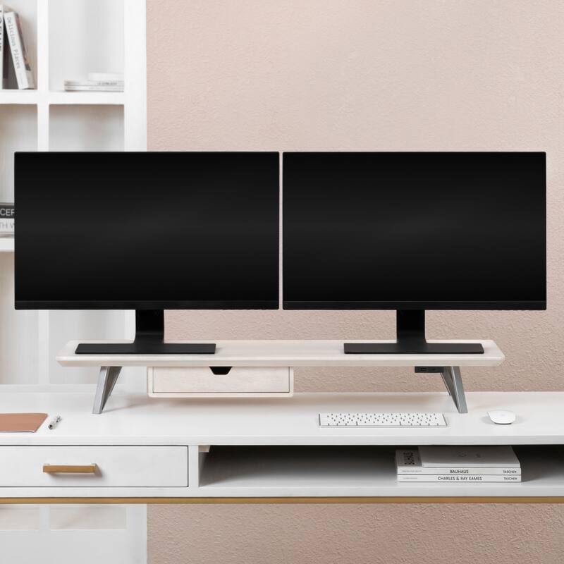 Jani Wood Monitor Stand Riser Desk - Ergonomic Design Stand, Desktop Organizer Table for Home, Office Workspace, Gaming Desk - Off-White