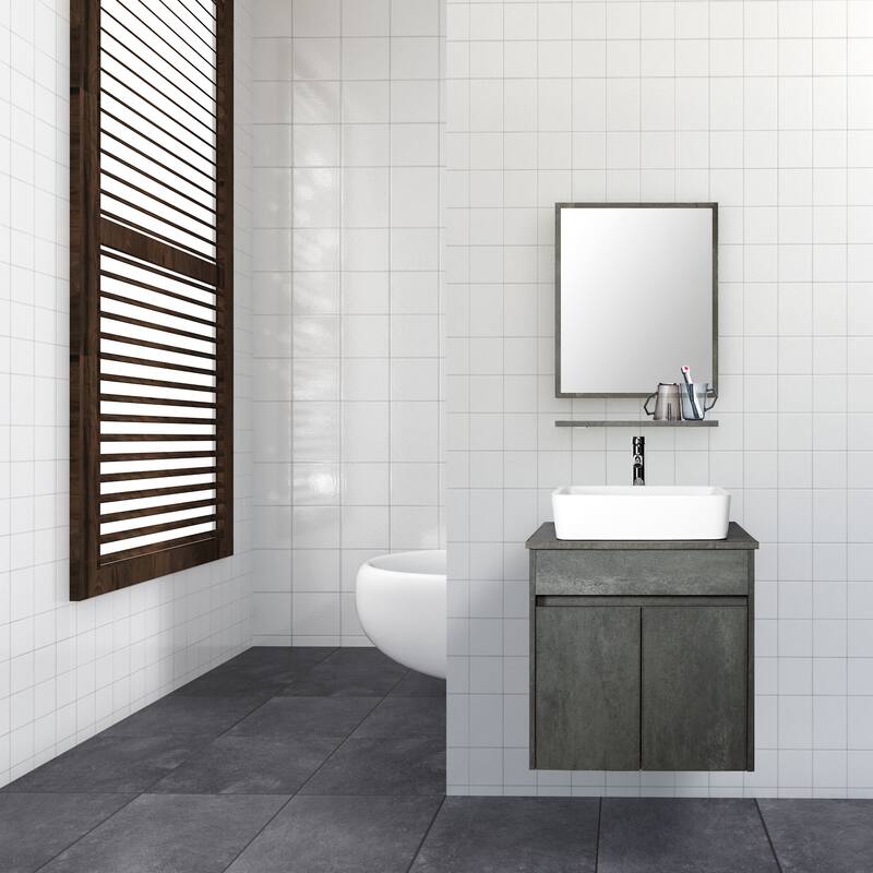 24" Wall Mounted Bathroom Vanity Set W/ Tempered Glass/ Ceramics Sink Combo - white ceramic rectangular sink