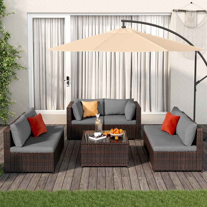 7-Pieces Outdoor PE Garden Furniture Wicker Rattan Patio Furniture Wicker Sectional Conversion Set - Grey