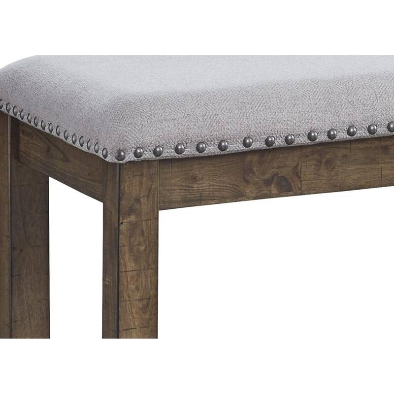 Nailhead Trim Wooden Dining Bench with Fabric Upholstery, Brown and Gray - 19.63 H x 48.25 W x 16.63 L Inches