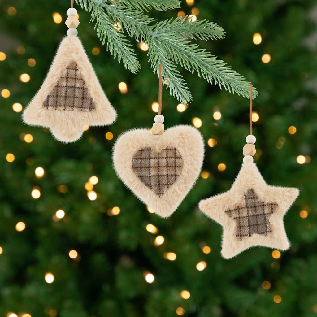 Plush Tree Star and Heart Shaped Plaid Christmas Ornaments - 4.5" - Tan - Set of 3
