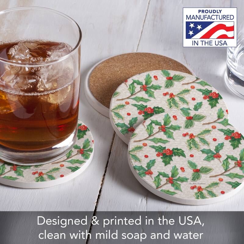 Happy Holly 4 Pack Absorbent Stone Coasters with Protective Cork Backing Made in The USA Absorbent Easily Wipes Clean