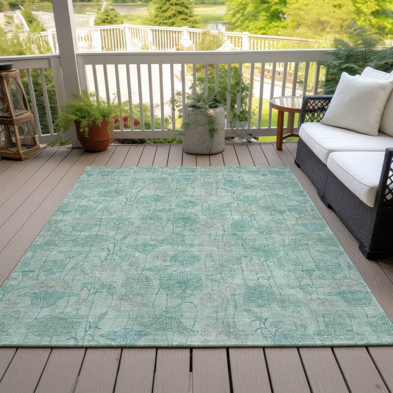 Machine Washable Indoor/Outdoor Modern Floral Chantille Rug - Aqua - 5' x 7'6"