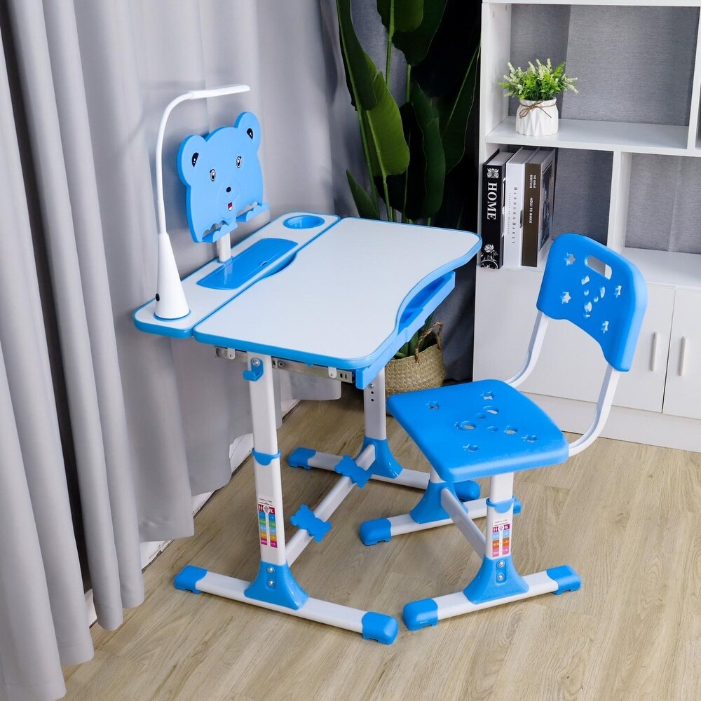 Grey Adjustable Children's Study Desk Chair Set Child Kids Table with LED lamp 