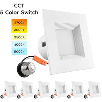 Luxrite 4" Square Recessed LED Can Light, Color Temperature Selectable 2700K / 3000K / 3500K / 4000K / 5000K (6 Pack) - 6 Pack