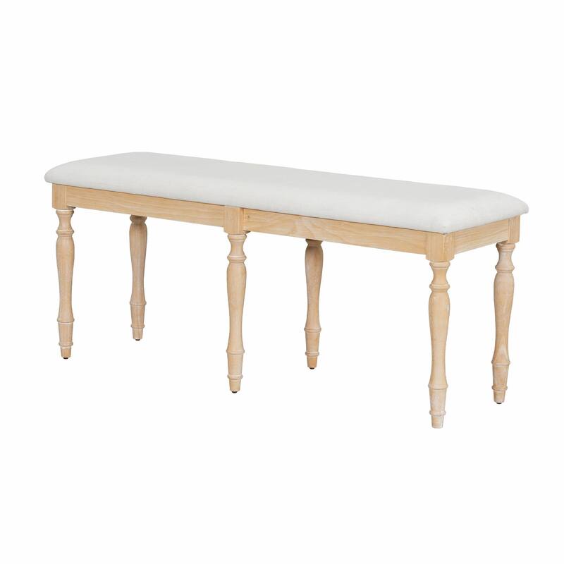 Vintage Traditional 50.4-Inch Upholstered Dining Bench with 6 Solid Wood Legs - Natural