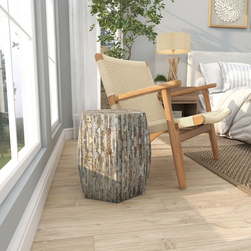 Mother of Pearl Shell Geometric Handmade Shell Mosaic Hexagon Accent Table with Brown Accents - Gray - Roche River Decor