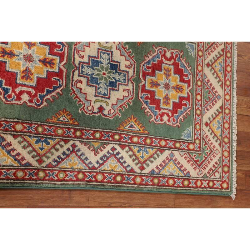 Green Geometric Kazak Accent Rug Hand-Knotted Wool Carpet - 2'9" x 3'11"