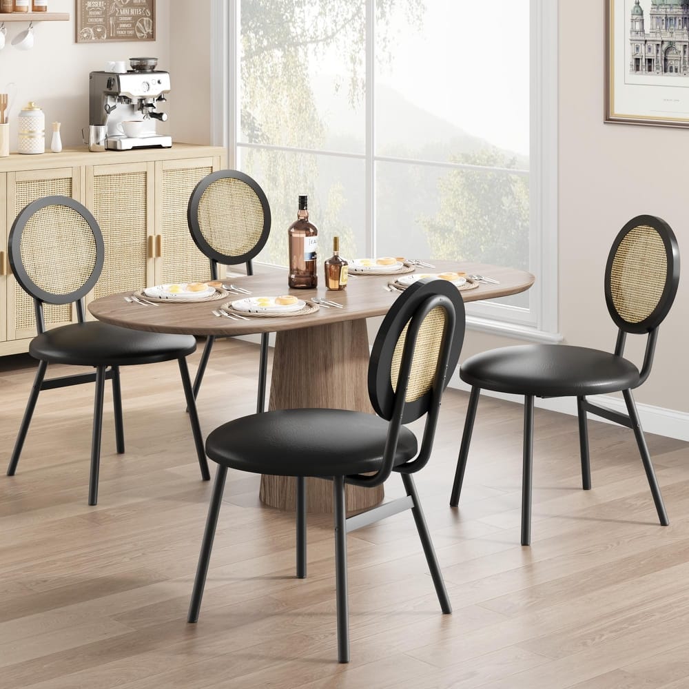 Boho Dining Chairs Set with Thicken Upholstered Natural Rattan Back