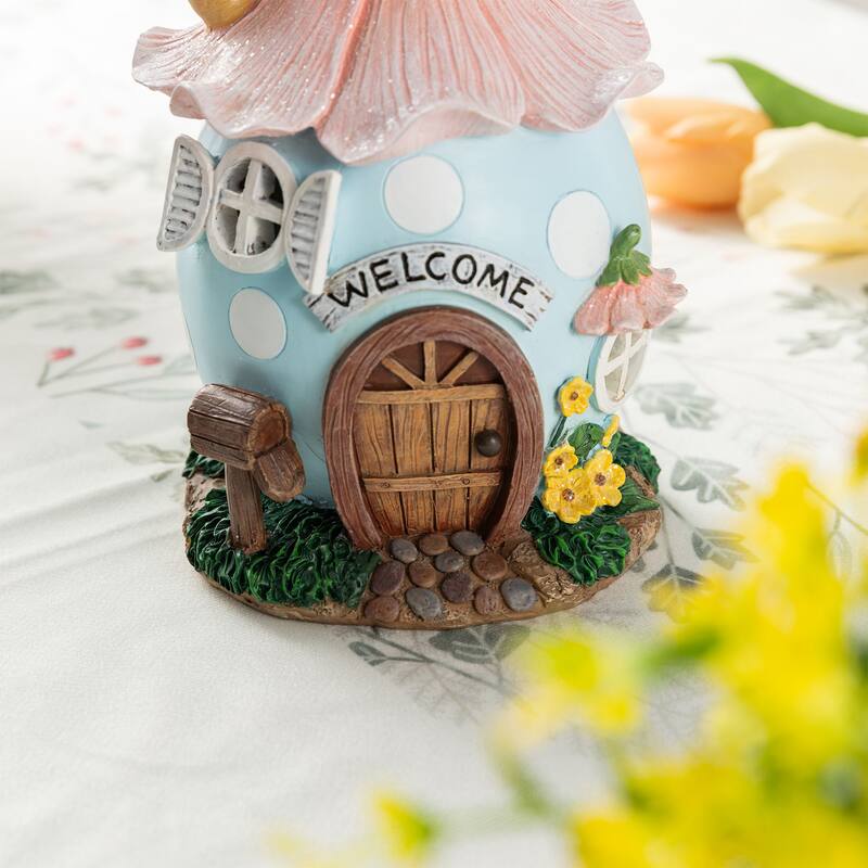Glitzhome Easter Resin Egg Shaped House Table Decor Bunny & Pink Blossoms Figurine