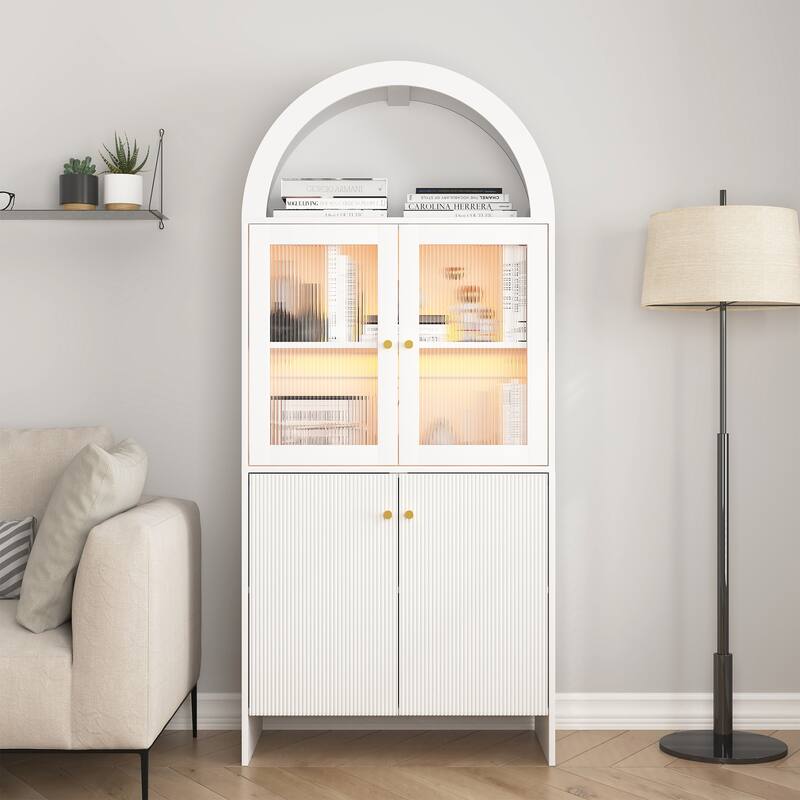 Anmytek Lighted Display Cabinet Pantry Storage with LED Dome Top Modern Home Decor