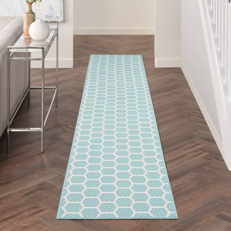 Nourison Reversible Indoor Outdoor Indoor/Outdoor Geometric Area Rug - 10' Runner - Aqua