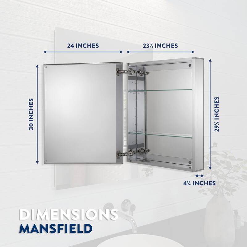 Croydex Mansfield Aluminum Medicine Cabinet, Easy Install, Recessed or Surface Mount Storage 24W x 30H