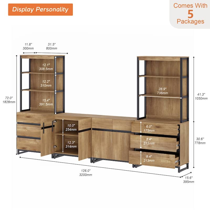 WAMPAT Modern Entertainment Center with 3 Tiers Bookshelf, Farmhouse TV Stand with 2 Storage Cabinets and 6 Drawers