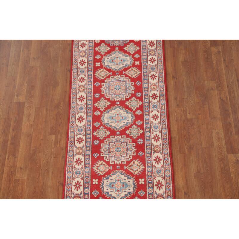 Geometric Red Kazak Runner Rug Hallway Hand-Knotted Wool Carpet - 2'7" x 8'0"
