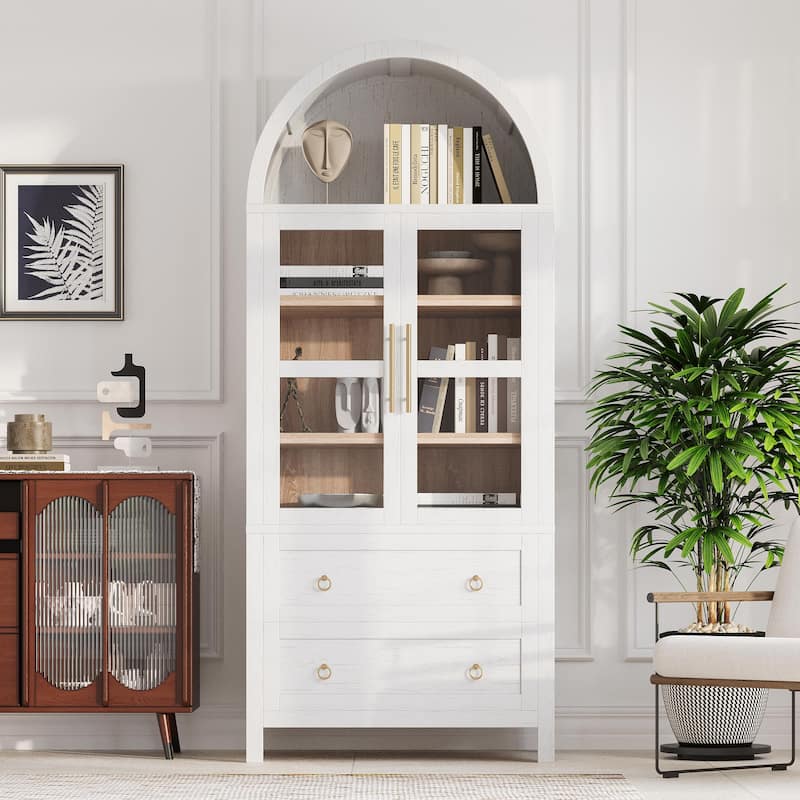 71" Tall Arched Kitchen Pantry Cabinet with 2 Large Drawers