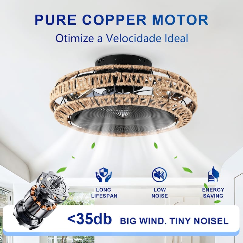 20" Caged Ceiling Fans Flush Mount,Low Profile Fabric Farmhouse Ceiling Fan with Remote Control - N/A