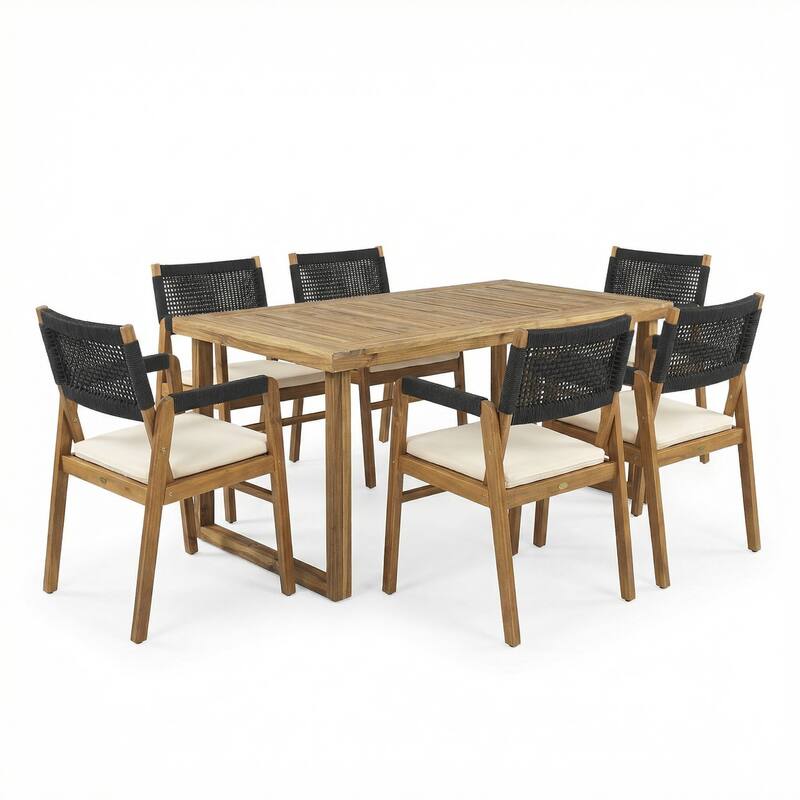 Christopher Knight Home - 7-Piece Outdoor Acacia Wood Dining Set with Cushioned Armchairs & Rectangular Slatted Table