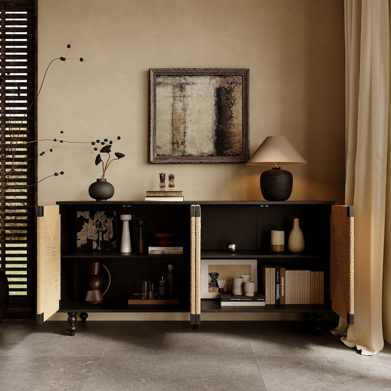 Rossetta Accent Natural Sideboard Buffet Cabinet with Handwoven Seagrass Doors, Ample and Organized Storage