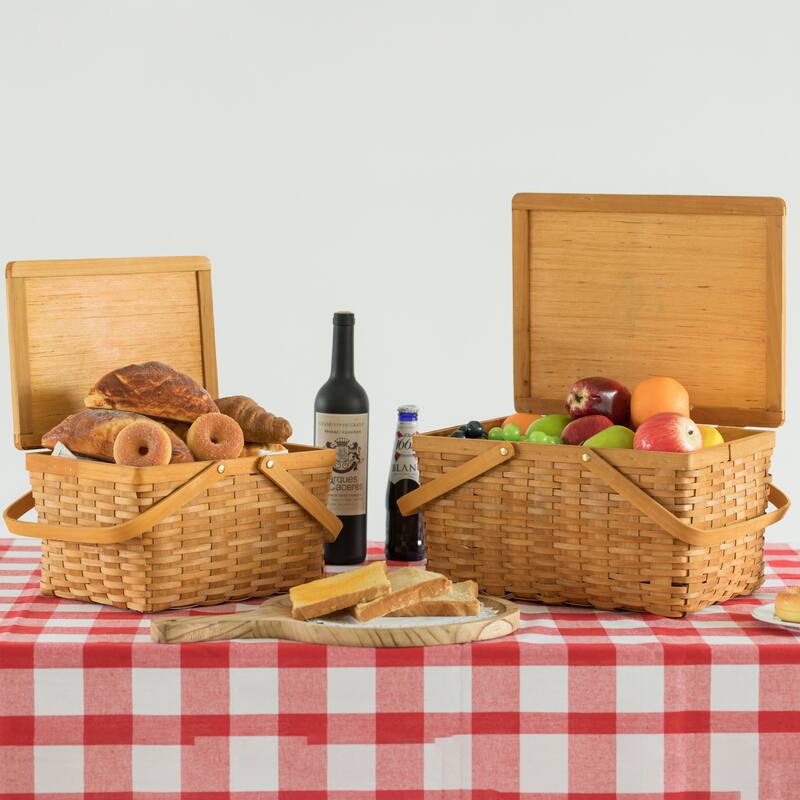 Woodchip Picnic Storage Basket with Cover and Movable Handles