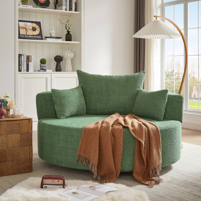 360° Swivel Accent Chair, Oversized Chenille Upholstered Round Barrel Chair, Lounge Reading Chair with 3 Removable Pillows