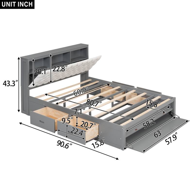 Queen Wood Platform Bed with Storage Headboard, Shoe Rack & 4 Drawers