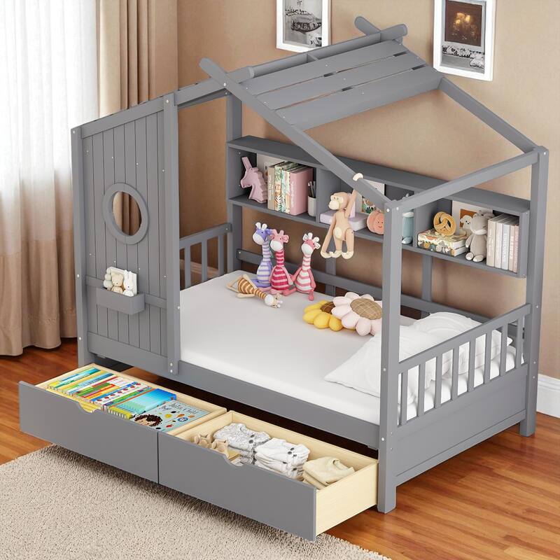 Wooden Twin/Full House Bed with Roof, 2 Storage Drawers & Rear Shelf, Kids Platform Bed with Slats, Gray