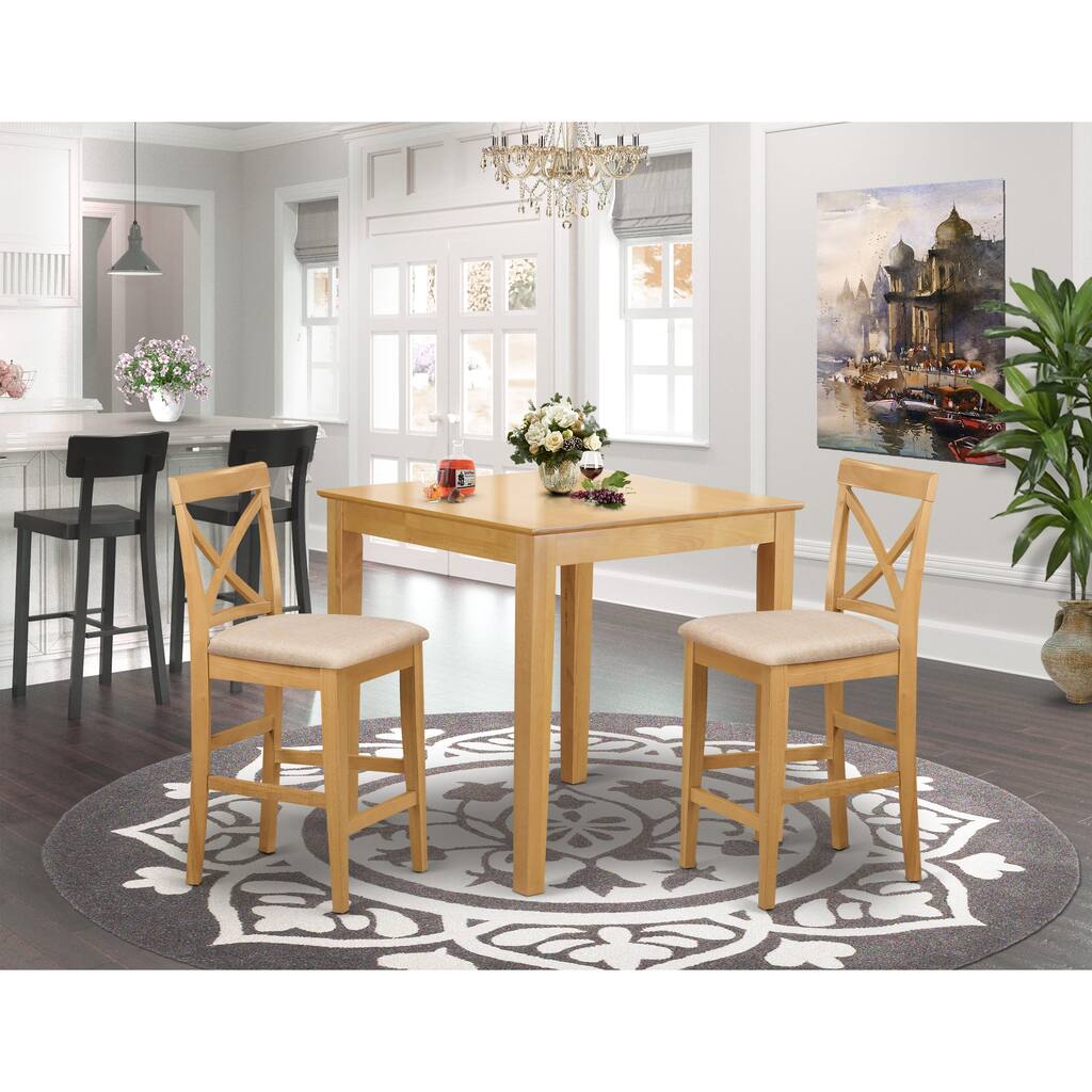 East West Furniture 3 Piece Counter Height Dining Set- a Square Wooden Table and Kitchen Chairs, Oak (Seat Option)