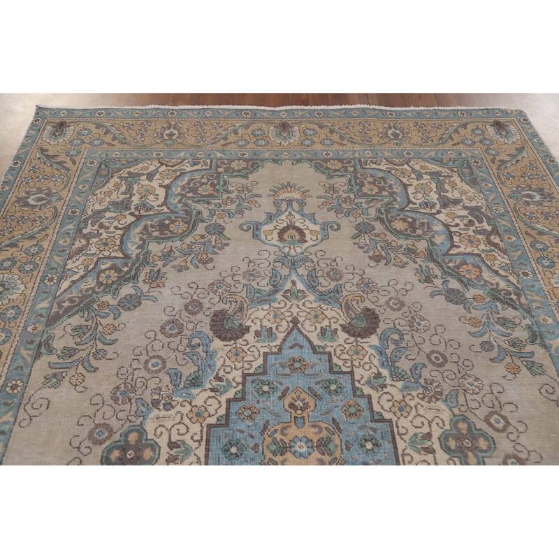 Hand Knotted Oriental 100% Wool Carpet Traditional Floral Beige & Ivories Tabriz Area Rug - 9' 5'' X 6' 5''
