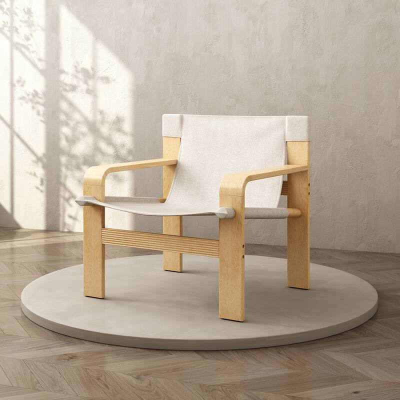 Detachable and washable Oak Accent Chair Wide Armrest Mid-Century Lounge Chair Linen Fabric Armchair & Solid Wood Frame