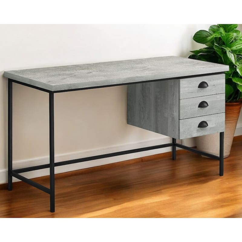 Brown Wood Computer Desk with Drawers, Black Metal Base and 55 inches Wide