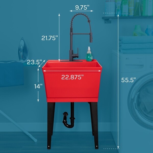 Utility Sink Extra-Deep Laundry Tub In Red With High-Arc Coil Pull-Down Sprayer Faucet In Matte Black, Integrated Supply Lines, P-Trap Kit, Heavy Duty Floor Mounted Freestanding Wash Station