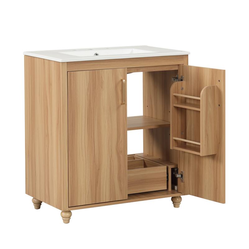 Roomfitters 30" Bathroom Vanity with Sink, Solid Wood Frame, 2 Doors with Storage Racks & Divided Bottom Drawer, Natural