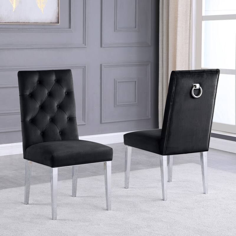 Best Quality Furniture Velvet Button Tufted Side Chairs with Chrome Base- Set of 2 - Black