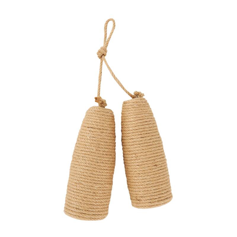 White or Brown Wood Handmade Coiled Striped Rope Buoy Sculpture with Joined Hanging Handle (Set of 2)