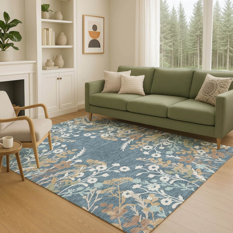 Machine Washable Indoor/ Outdoor Floral Border Chantille Rug