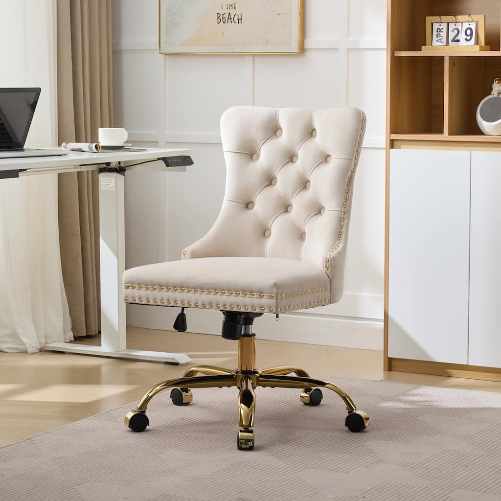 GDF Studio - Velvet Tufted Upholstered Home Office Chair with Golden Metal Base with Swivel Adjustment and Elegant Button Back