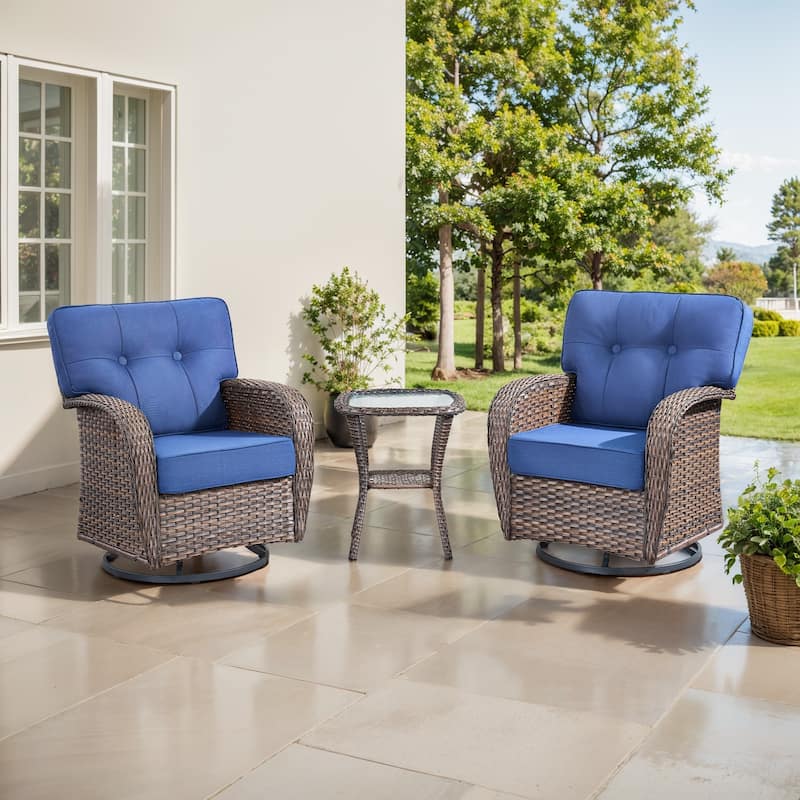TWrap Brown Wicker Patio 3-Piece Swivel Gliders Conversation Set with 5-Inch Thick Cushions