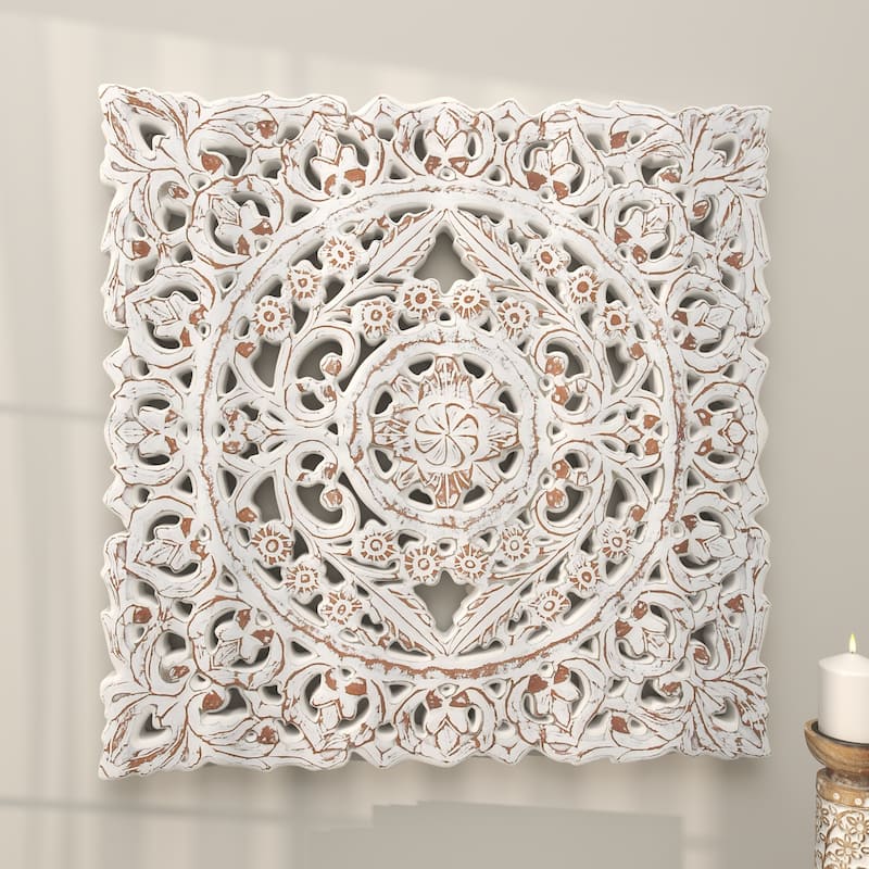 White Wooden Handmade Intricately Carved Floral Home Wall Decor with Mandala Design