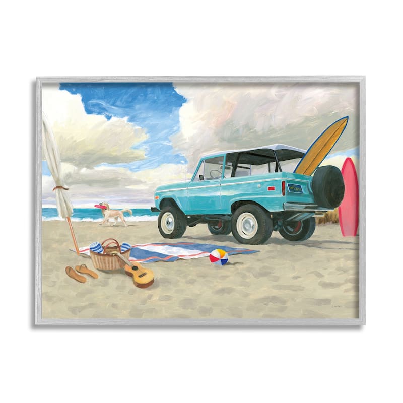 Stupell Summer Sandy Beach Cruiser Surfboard Coastal Dog Framed Wall Art - Blue
